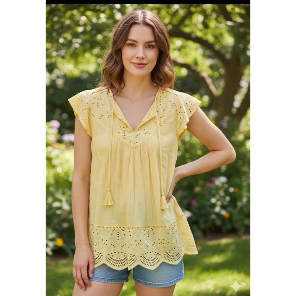 Style & Co Small Yellow Cap Sleeve Babydoll Lace And Tassels Cotton V Neck‎ Airy